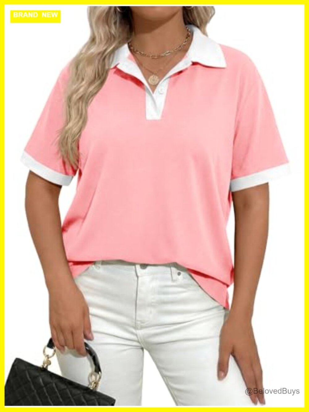 Womens Plus Size Polo Shirt Collared V Neck Short Sleeve Color Block Tunic Top